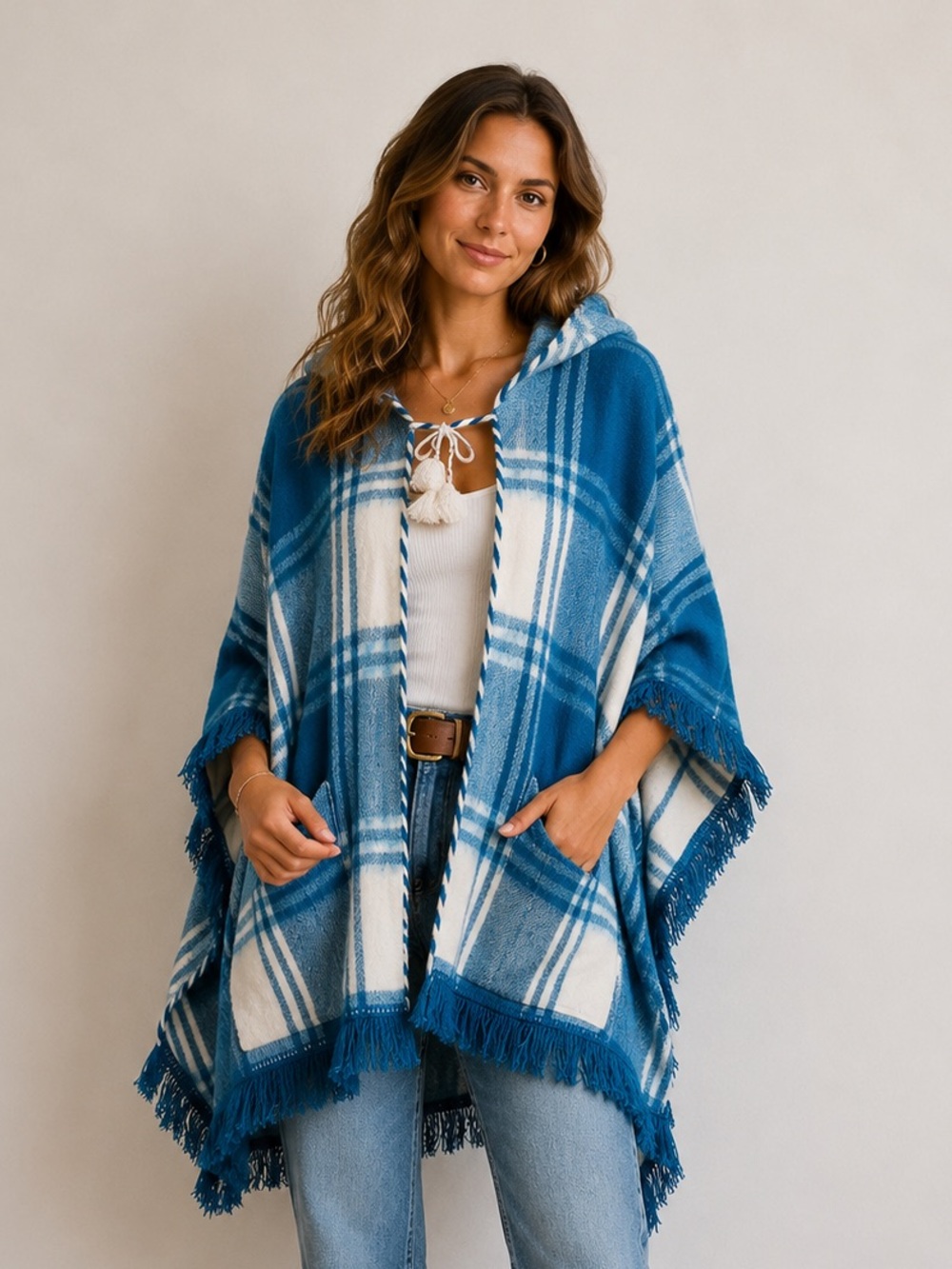 Tejidos Díaz Blue Plaid Hooded Wool Blend Poncho Cape Made In Ecuador